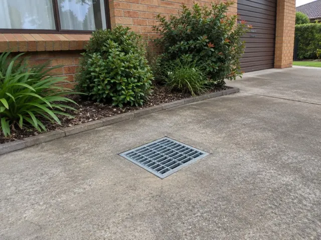 Concrete driveway with square metal drain grate beside brick house and shrubs in Peakhurst