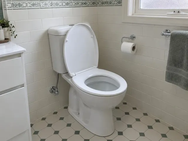 Clean white toilet in a tiled bathroom with a window, wall tiles and towel rail in Beverly Hills