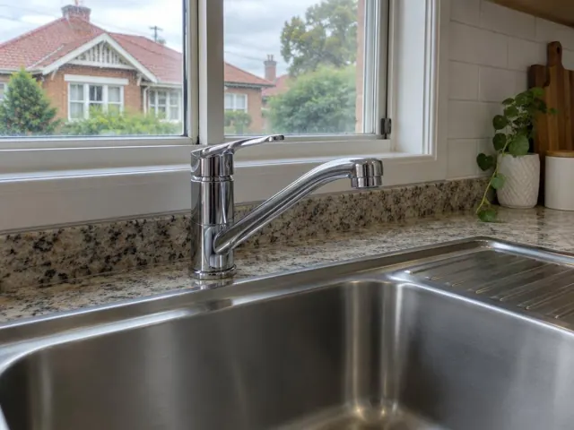 Chrome kitchen sink tap beside a stainless sink and stone bench under a window in Mortdale